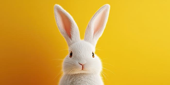 White rabbit with large ears against a bright yellow background during daylight hours photo