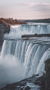 Niagara falls closeup in the day over river with rocks and boat photo