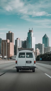 A van driving down the highway with a city skyline in the background photo