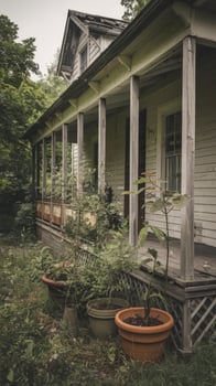 An old house with a porch and potted plants photo