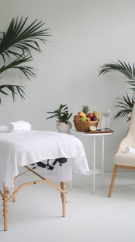 A white massage table with a chair and a table photo