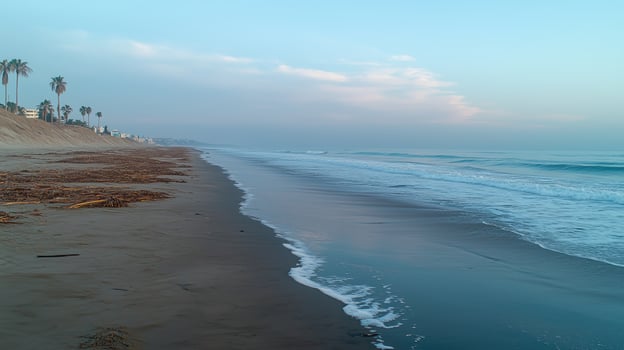 Serene coastal beach landscape at sunrise with gentle waves and palm trees photo