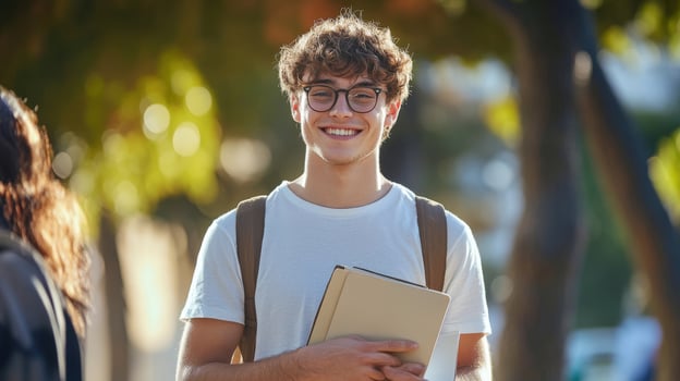 A young man with glasses and a book is smiling photo