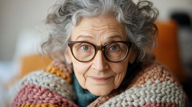 Elderly Woman Wearing Glasses Wrapped In Knitted Blanket photo
