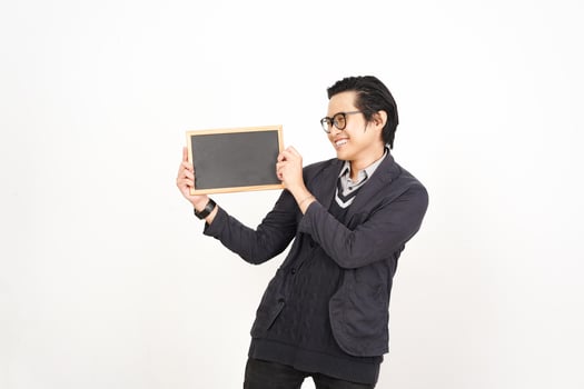 Asian man holding a blackboard and smiling photo