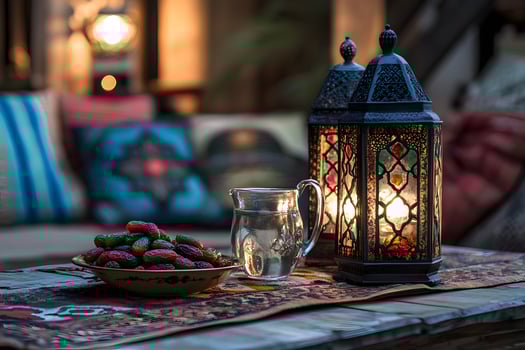Ramadan iftar setting with ornate lanterns, dates in bowls, and a glass of water. photo