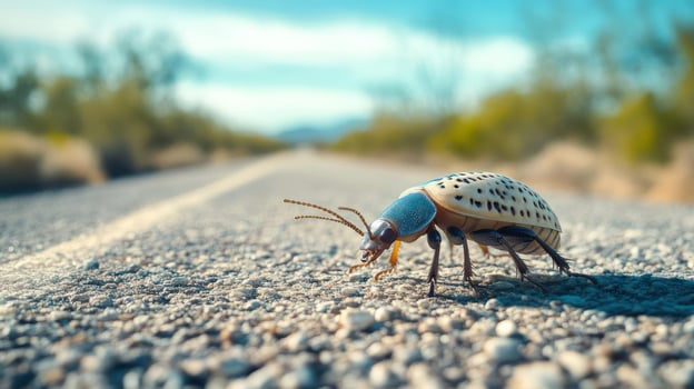 A beetle on a road with a blurred background. photo