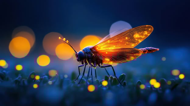 Macro shot of a firefly with glowing abdomen on grass photo