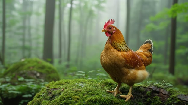 A chicken standing on a mossy rock. photo