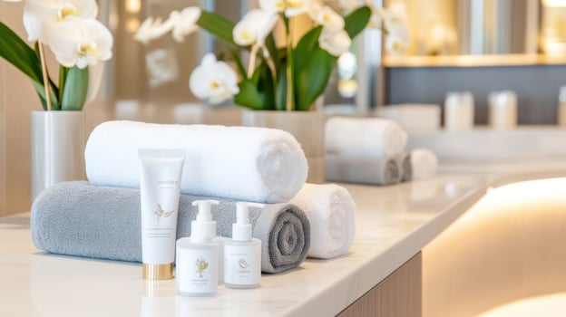 Luxury Bathroom Amenities with Fresh Towels and Orchids photo