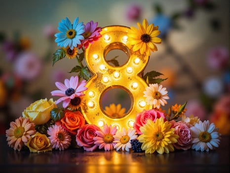 A number eight surrounded by flowers and a light bulb photo