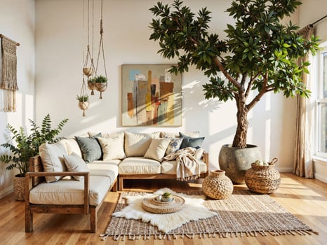 A living room with a large tree in the middle photo