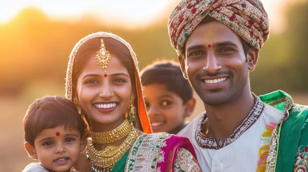 Happy Indian Family Portrait Outdoors Golden Hour photo