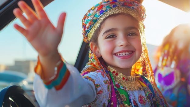 Happy Child Waving From Car Wearing Colorful Traditional Clothing photo