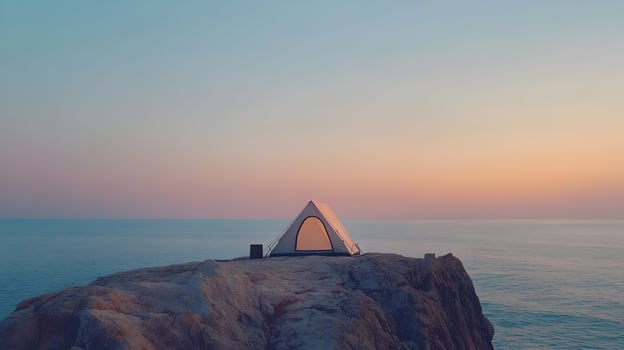 Serene Camping Experience, Tent on Coastal Cliffside with Panoramic Ocean Sunset View photo