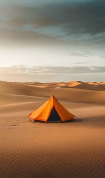 Camping adventure in the vast desert landscape under beautiful sky, perfect scenery photo