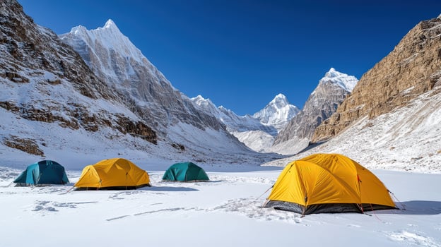 Tents in the snow near a mountain range photo
