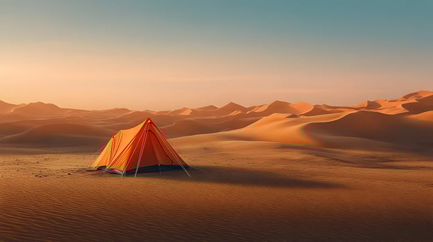 Camping under the vast sky, serene landscape of golden dunes with the solitary tent photo