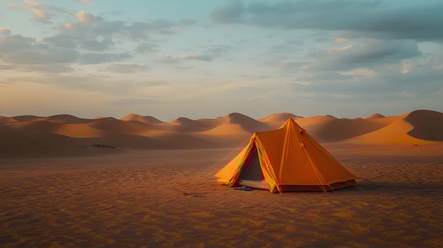 A serene desert landscape featuring a tent beneath soft clouds and golden dunes at sunset photo