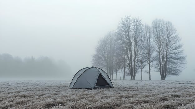 Solitary tent in a frosty field under a dense fog, bare trees create a quiet backdrop photo