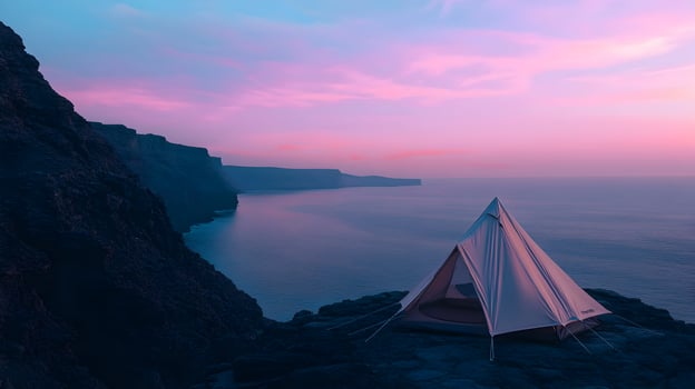 Camping Adventure, Tent on Cliff Overlooking Ocean at Sunset with Pink and Blue Skies photo