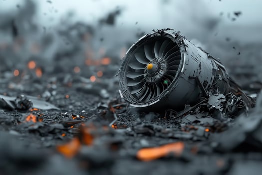 A damaged aircraft engine lies in a smoking crater, surrounded by scattered plane debris. photo