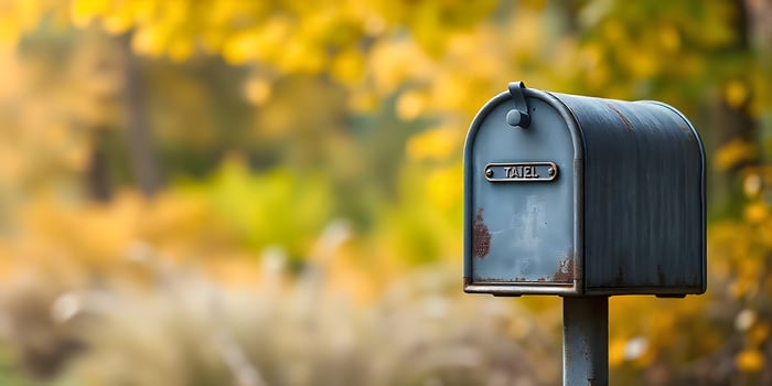 Mailbox in Autumn Setting with Yellow Foliage and Soft Focus photo