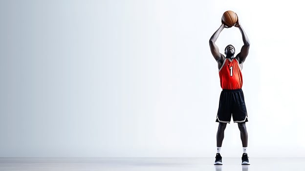 A basketball player in a red jersey shooting a ball against a minimalistic background photo
