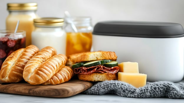 A beautifully arranged spread of sandwiches, drinks, and desserts on a wooden board in a cozy kitchen photo