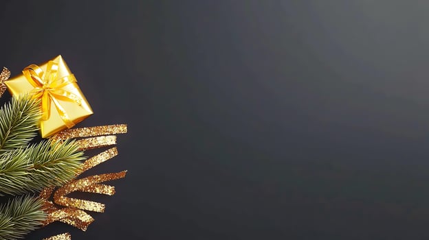A beautifully wrapped golden gift box adorned with a ribbon resting on a pine branch against a dark background photo