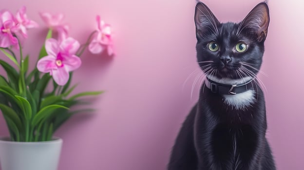 A black cat with striking green eyes sits elegantly beside pink flowers in a soft-lit room photo