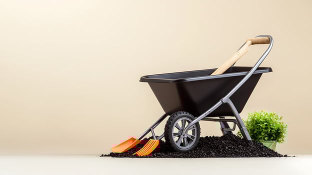 A black wheelbarrow filled with soil and gardening tools against a neutral background photo