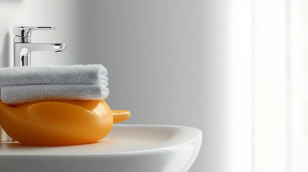 A bright orange rubber duck rests on a clean sink with a soft towel, showcasing a serene bathroom scene photo