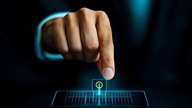 A business professional interacting with a holographic interface in a modern office setting photo