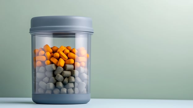 A clear container filled with colorful capsules and tablets, resting on a minimalist surface photo