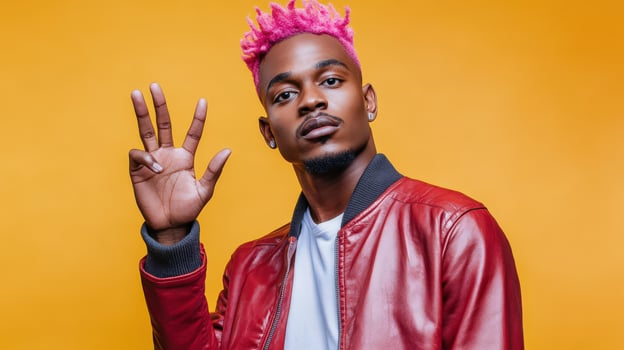Young Man with Pink Hair Shows Four Fingers photo