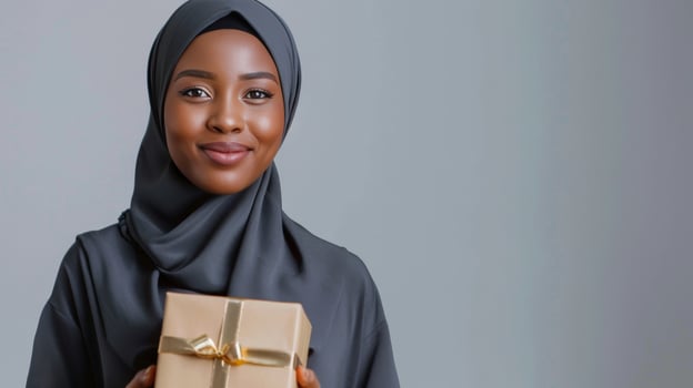 Beautiful young muslim woman holding gift box photo
