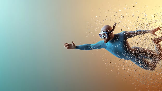 A diver in a blue wetsuit gracefully swims through bubbles in a serene underwater scene photo