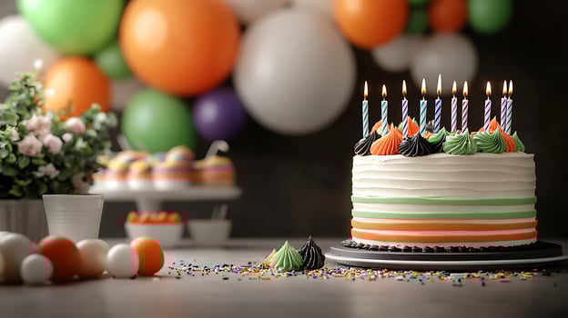 A festive birthday cake adorned with candles, surrounded by colorful balloons and treats photo