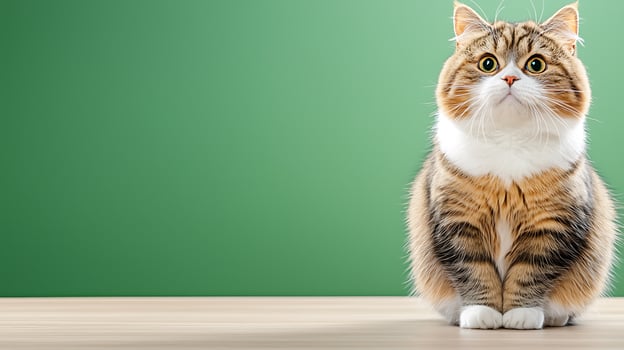 A fluffy cat with striking eyes sits on a wooden table against a green background, exuding curiosity photo