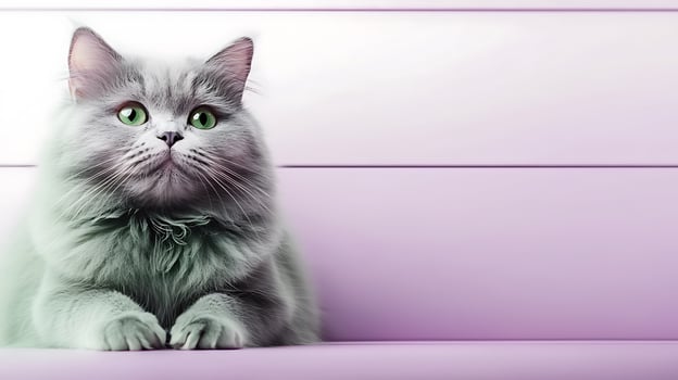 A fluffy gray cat with striking green eyes resting on a pastel purple surface, creating a serene atmosphere photo