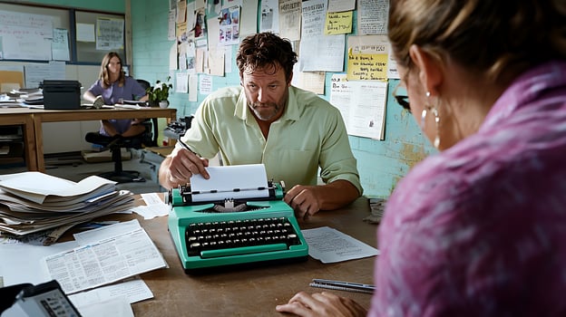 A focused writer types on a vintage typewriter in a bustling office filled with papers photo