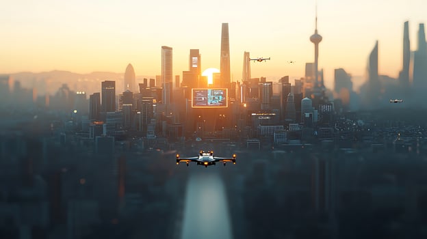A futuristic city skyline at sunset with drones flying over a river and digital billboards photo