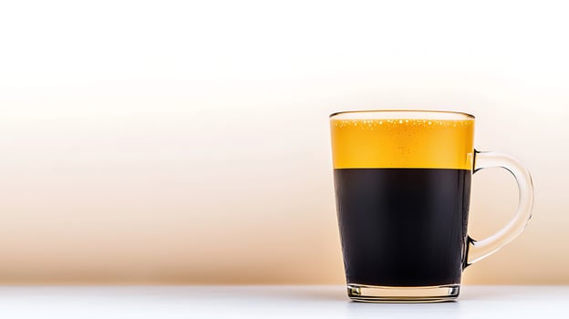 A glass cup filled with layered coffee showcasing rich colors against a soft gradient background photo