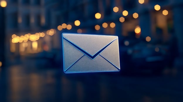 A glowing envelope icon floating in a city street at dusk, with blurred lights in the background photo
