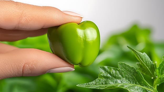 A hand holding a fresh green bell pepper amidst vibrant green foliage, symbolizing healthy eating photo