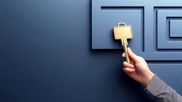 A hand holding a golden key poised to unlock a modern maze-like blue wall, symbolizing challenge photo