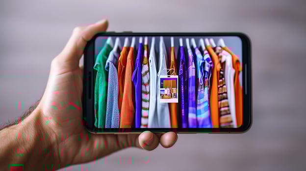A hand holding a smartphone displaying a vibrant array of colorful clothing on hangers photo