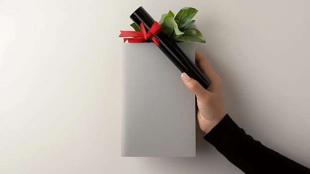 A hand holding a wrapped gift with a green plant and rolled papers tied with a red ribbon photo