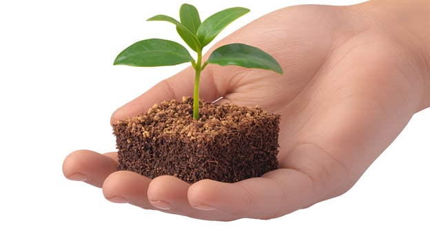 A human hand gently holds a small plant with rich soil, symbolizing growth and sustainability photo